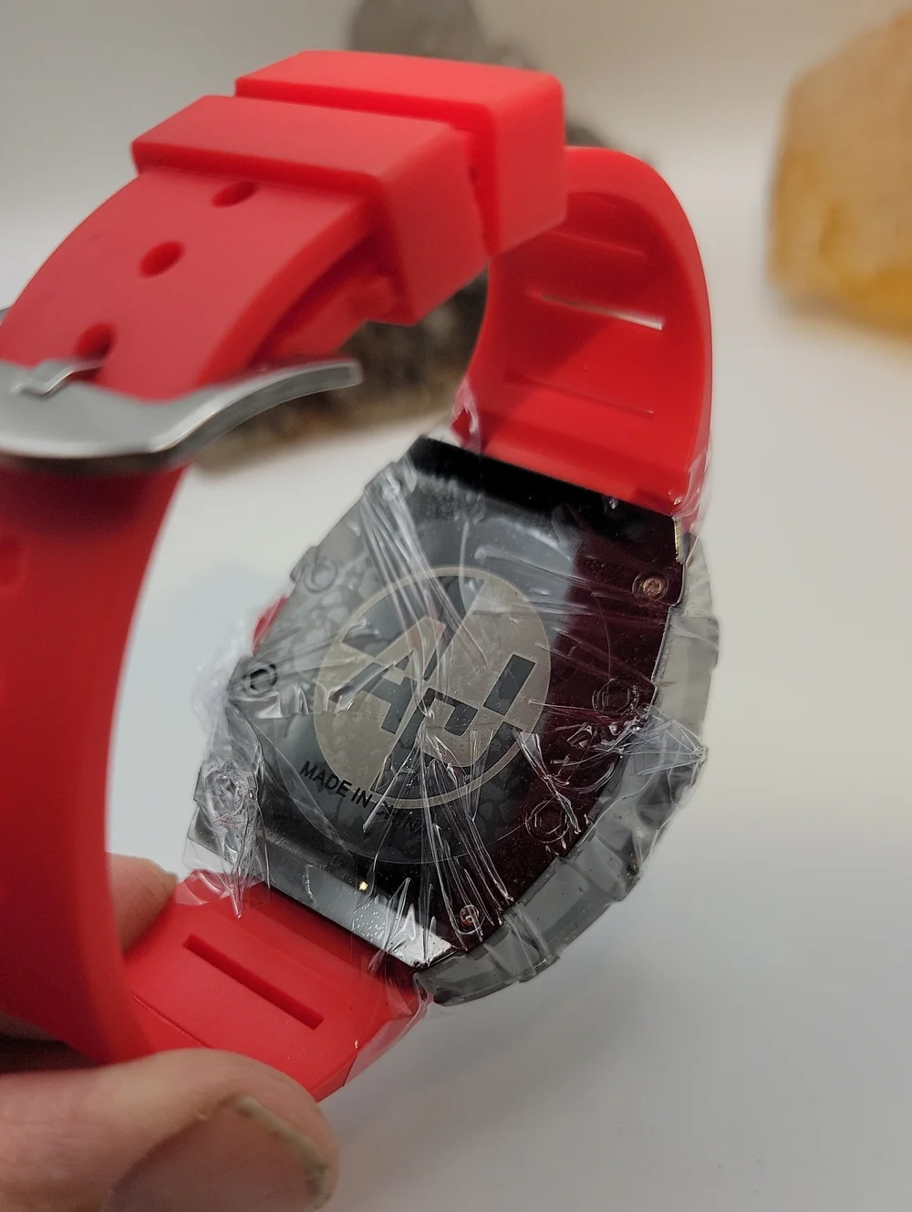 NEW⌚️AJ Quality Watches Black Skeleton Style Quartz Watch 42mm Red Silicone Band